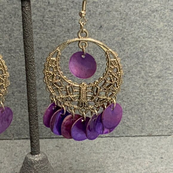 Filigree Hoop Dangle Earrings 2.5 In As Is Purple MOP Shell Vintage Silver - Picture 3 of 5